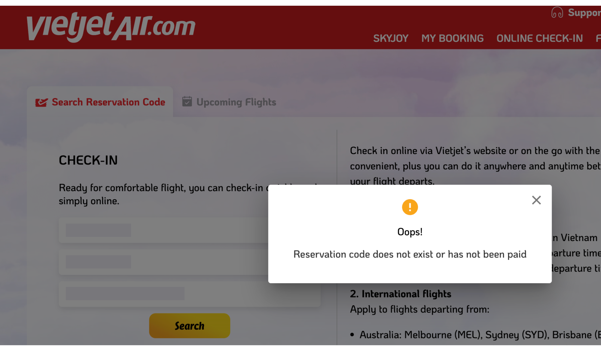 Screenshot of Vietjet's website showing error on check in page; system is unable to locate flight information, so one cannot purchase checked bags. This is important because the strict Vietjet Air baggage allowance.