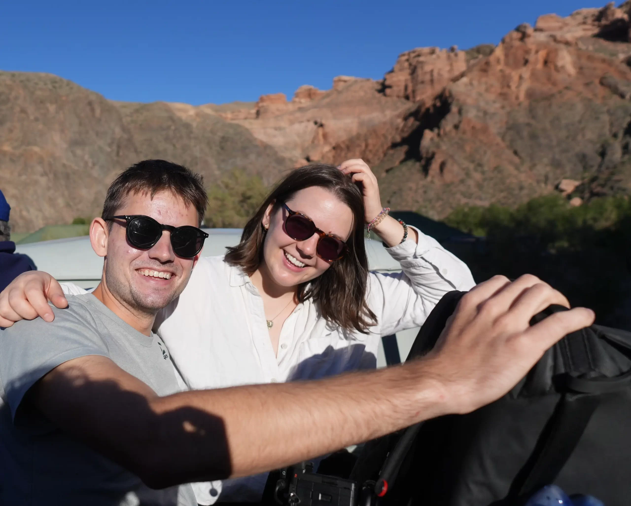 Alex and Tanya on the back of the optional paid bus at the Charyn Canyon in Kazakhstan