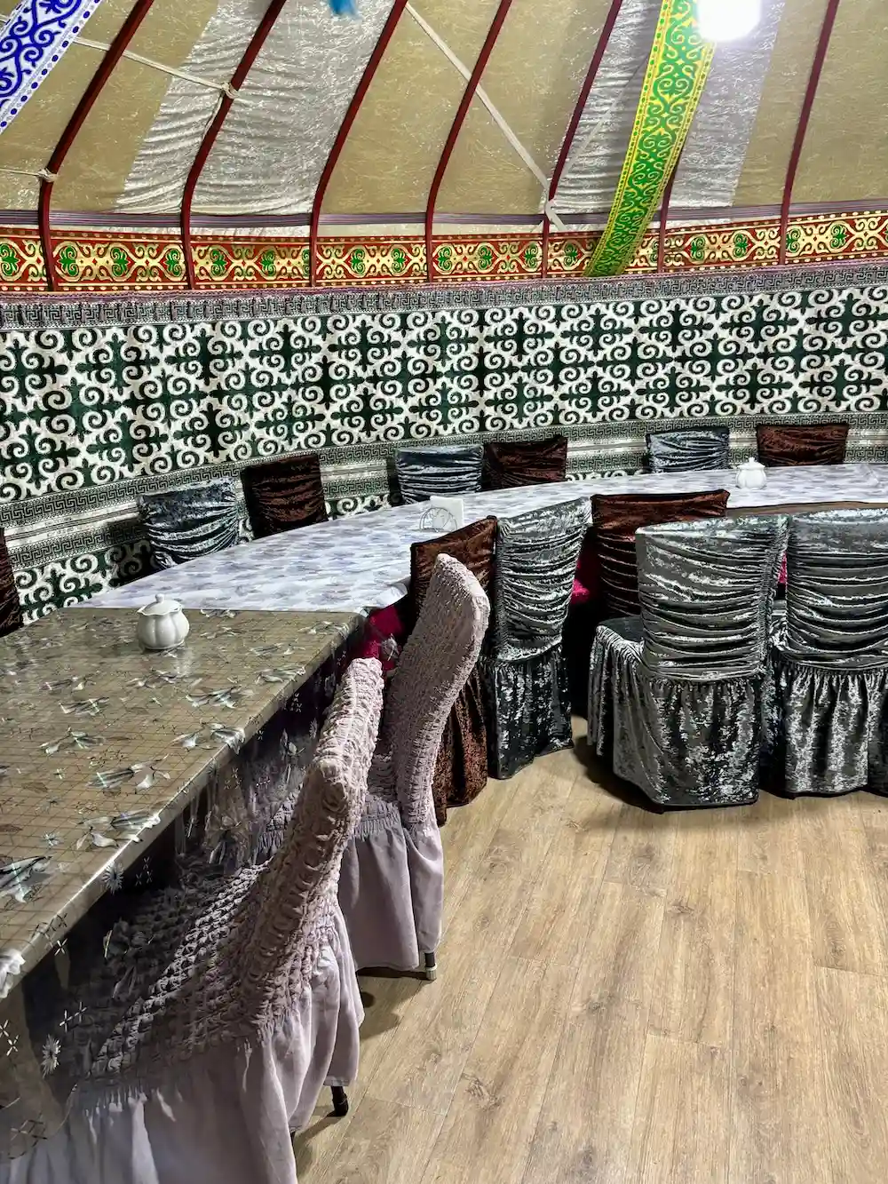 Tables and chairs within the yurt itself