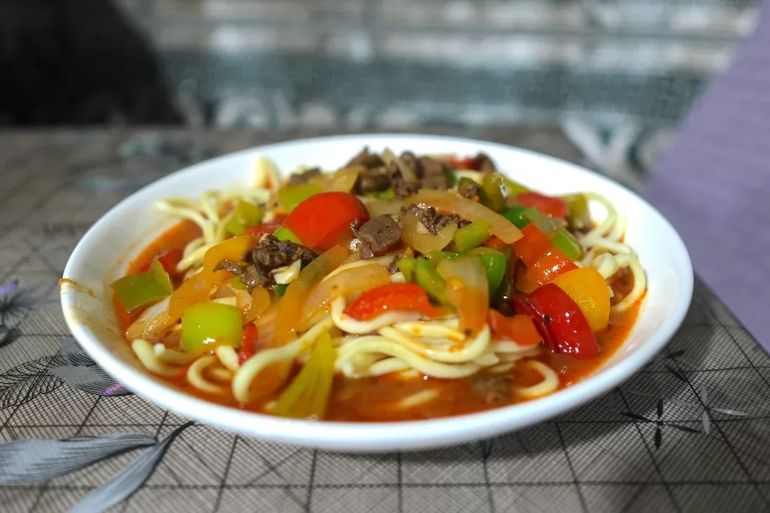 A plate of lagman noodles in Kazakhstan